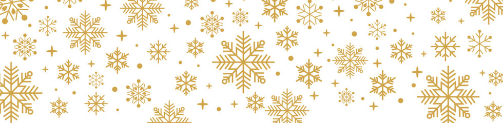 Gold snowflake border with sparkling stars on white background, elegant winter decorative divider perfect for Christmas greeting cards, New Year banners, invitations.