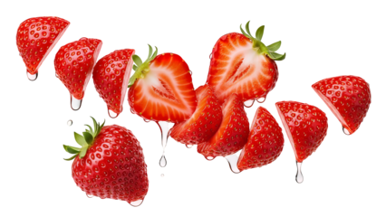 Fresh red strawberries, some whole, some sliced into halves, adorned with glistening water droplets, an appetizing fruit display, isolated on transparent background