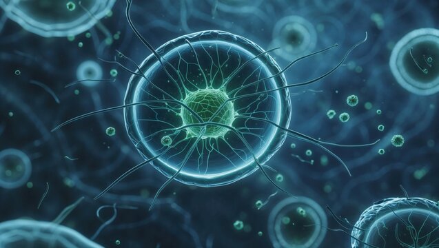 Abstract microscopic cell glowing with synaptic tendrils