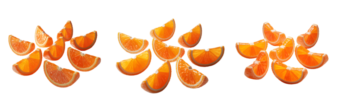 Three abstract floral arrangements made from sliced orange segments isolated on transparent background - Powered by Adobe