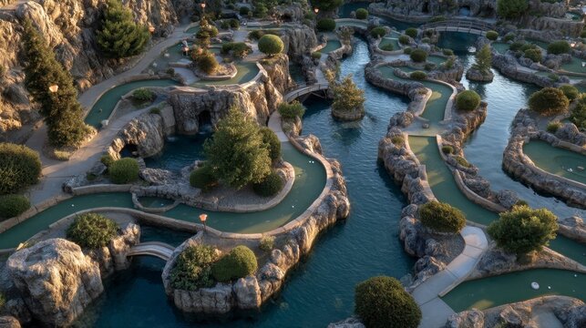 Aerial View of Miniature Golf Course Surrounded by Scenic Landscape