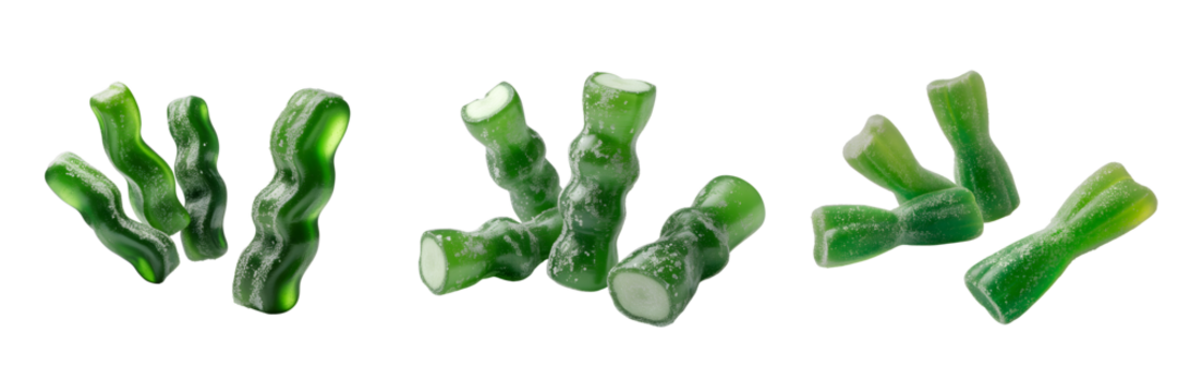 Group of green crystal formations with jagged edges isolated on transparent background