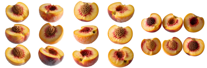 Freshly sliced peaches revealing juicy flesh and pit details isolated on transparent background