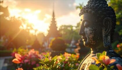 A serene Buddha statue in a lush garden, bathed in the warm glow of the setting sun.