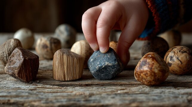Child's Hand Picking Stone in Traditional Game of Jackstones