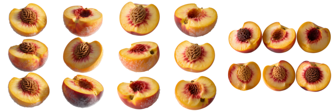 Freshly sliced peaches revealing juicy flesh and pit details isolated on transparent background