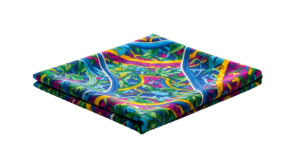 Vibrant and luxurious folded silk scarf with an intricate, colorful pattern, a stylish fashion accessory, beautifully isolated on transparent background