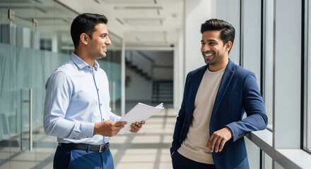 Two young Indian professionals stand office corridor, smiling and discussing
