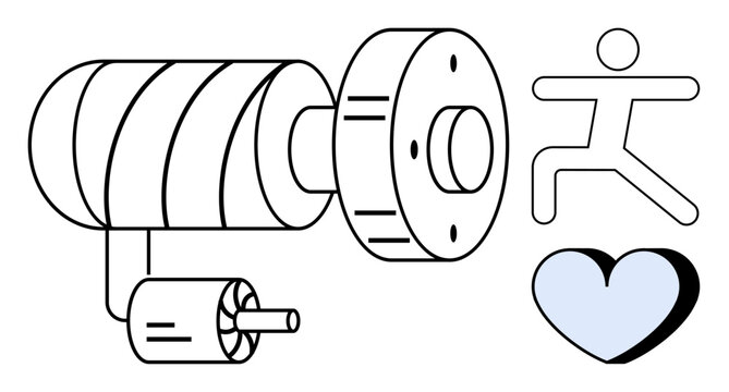 Large gear, smaller motor, abstract person running, and a heart icon convey health tracking, fitness, energy, mechanics, and technology. Ideal for wellness innovation energy health care research