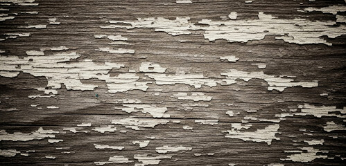 Obraz premium Dark weathered wood texture with peeling white paint fragments enhanced by deep natural grooves and aged tonal contrast that emphasize its rugged vintage appearance