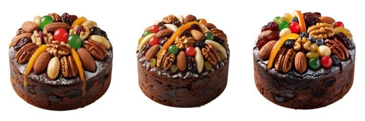 Three elaborately decorated chocolate easter eggs filled with an assortment of nuts and dried fruits isolated on transparent background