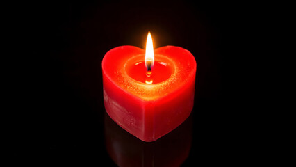 Heart shaped candle glowing brightly on a reflective black surface for romantic occasions and love themes