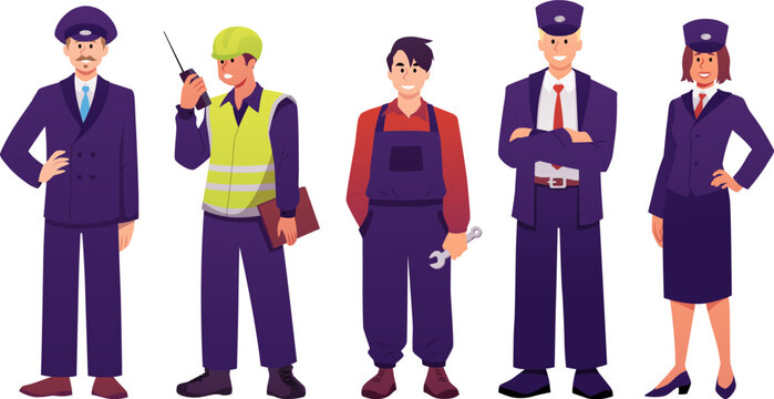 Full-length images of train station attendants, including a driver, repairman, and guide.