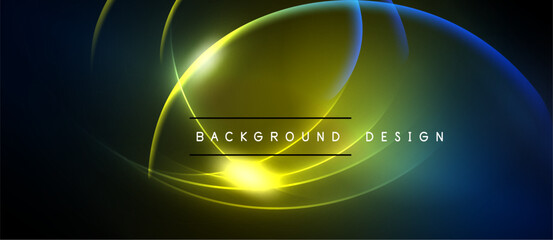 Abstract neon lines create glowing curves. Dark background emphasizes bright yellow, blue hues. Text reads background design.