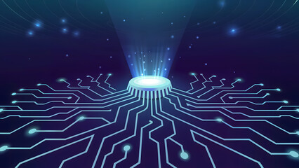 Dynamic tech circuit glowing with energy representing innovation connection and futuristic technology trends