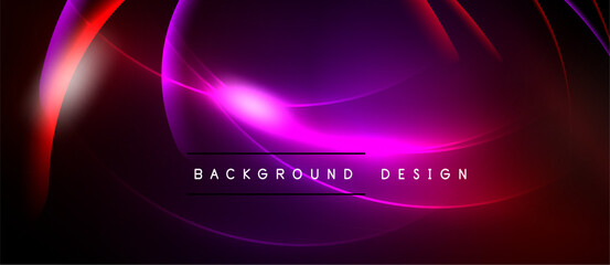 Abstract design features vibrant curves, gradients. Purple, red hues dominate dark background. Modern aesthetic, dynamic composition.