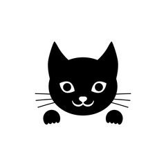 Funny cat face. Cute black cat head and paws. Vector illustration.