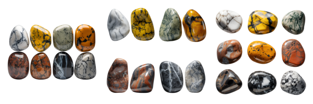 Collection of polished natural stones and minerals with unique patterns isolated on transparent background