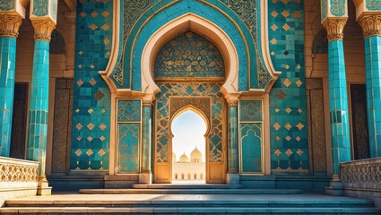 Fototapeta premium Grand mosque entrance with intricate turquoise tiles