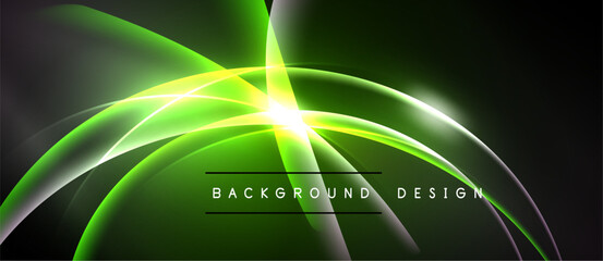Abstract green light streaks form dynamic curves. Bright center radiates energy, creating modern background design. Dark shades enhance glow.
