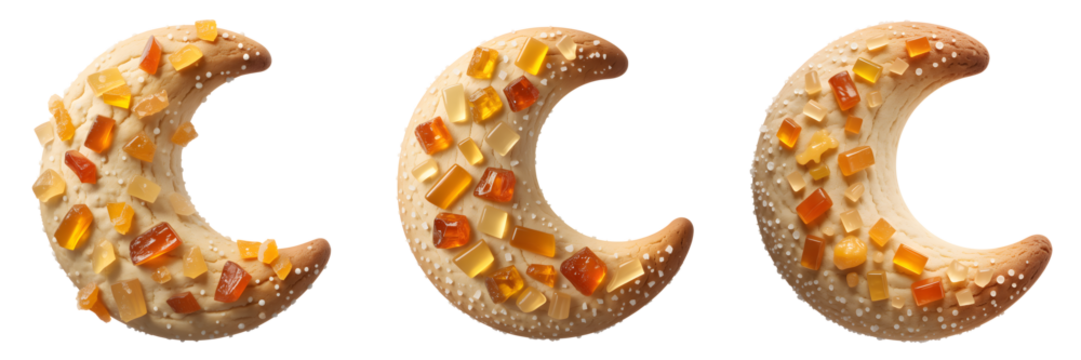 Three crescent shaped objects with textured surfaces and colorful embellishments isolated on transparent background