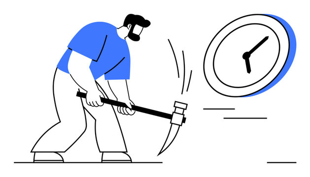 Man swinging hammer at clock, symbolizing time control, stress, productivity. Ideal for efficiency, work-life balance, project management, stress relief, deadlines motivation simple flat metaphor