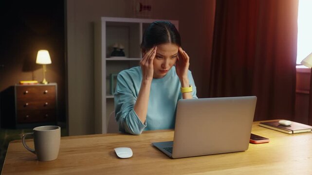 Asian woman worker remote hard work laptop home. Tired sad girl suffer head ache pain. Female employee rubbing temples feel bad. Busy sick ceo person use pc Headache ill. Online computer freelance job