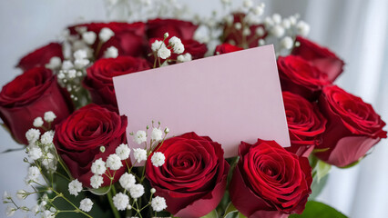 Elegant red roses with baby's breath and a blank pink card offer heartfelt messages for any occasion