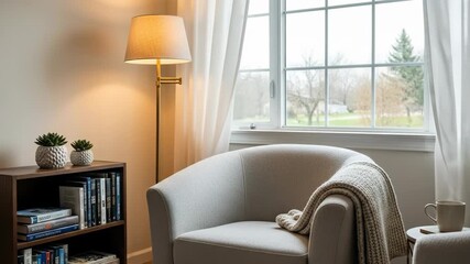A cozy reading nook with armchair, bookshelf, lamp, and window providing natural light indoors - Powered by Adobe