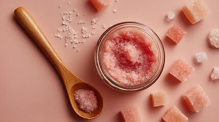 Sweet pink sugar scrub and bath salt cubes for spa and skincare.