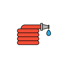 Garden or fire hose with water drop. Vector line art icon and sign. Outline illustration.