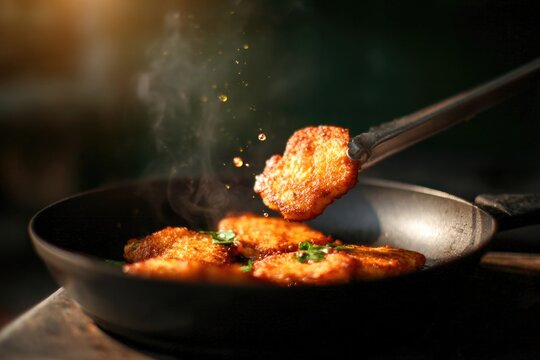 Golden plantains frying in skillet, releasing savory aroma and w