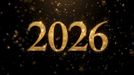 Elegant black background with glowing gold 2026 typography and sparkling champagne bubbles rising upward, luxury celebration style.