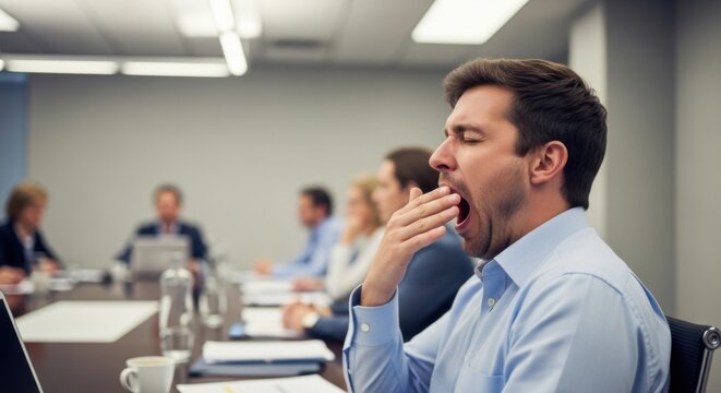 Man yawning in a meeting room, looking bored and tired.