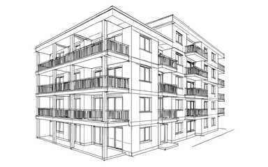 Modern apartment building architectural wireframe design in black and white