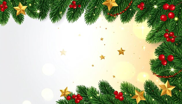 Festive Christmas border with evergreen branches, golden stars, and red berries. - Powered by Adobe