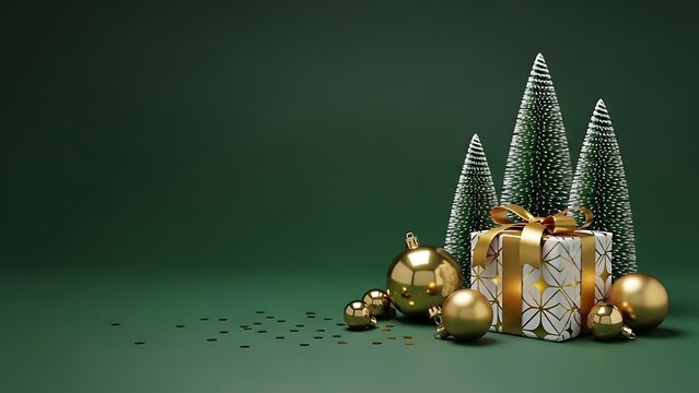 Elegant christmas still life with gifts trees and golden ornaments on green - Powered by Adobe