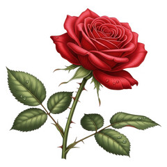 Red rose with dew drops and thorny stem isolated on transparent background