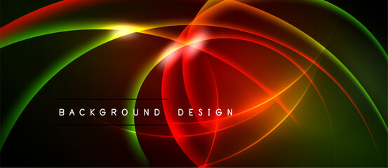 Dynamic abstract lines create vibrant energy. Red, green, yellow hues blend, forming modern background design. Smooth curves suggest motion.