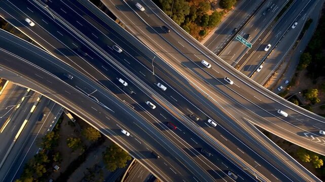 Aerial view of a complex highway interchange with traffic flow