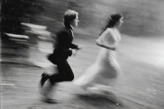 A Couple in Motion Running Together Through a Forest Setting