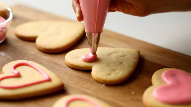 Decorating heart shaped cookies with pink icing for Valentine's Day sweet treats and baking fun