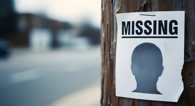 Missing person poster with blank silhouette displayed on urban wooden pole for human trafficking awareness concept and social justice advocacy - Powered by Adobe