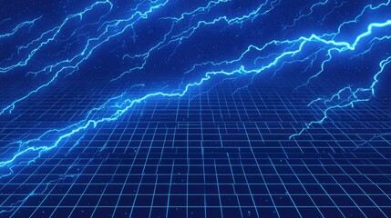 Electric Blue Lightning Strikes Over Digital Background Grid
