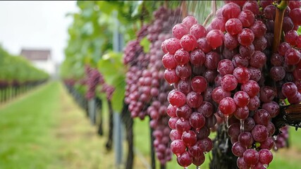 Lush clusters of ripe red grapes glisten with raindrops in vineyard, showcasing vibrant colors and textures, as camera pans across the scene capturing nature's bounty - Powered by Adobe