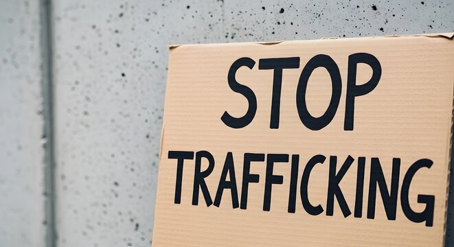 Cardboard sign displaying 'STOP TRAFFICKING' text against a stark concrete wall for human trafficking awareness concept and social justice advocacy.