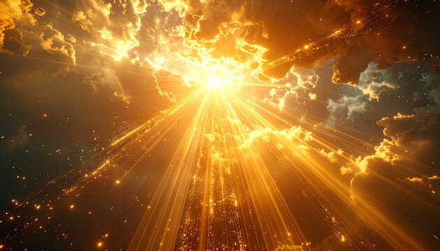 黄金の雲と放射状に広がる光芒