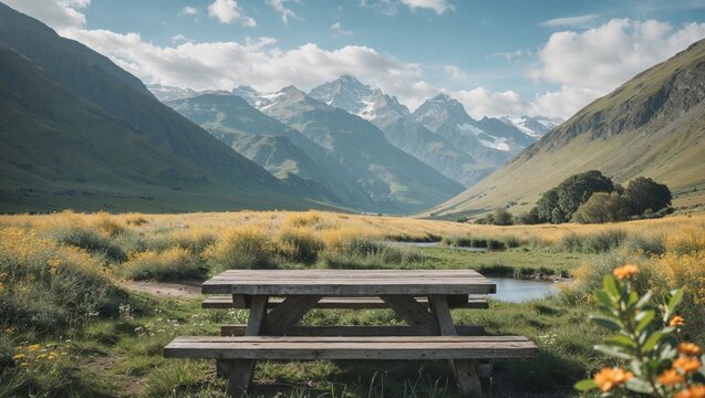 Picnic table in a scenic mountain valley with wildflowers