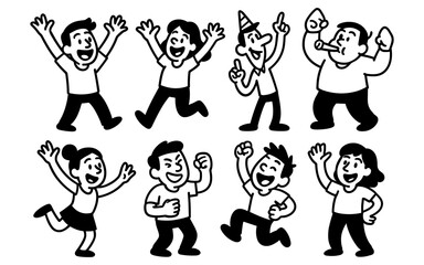 Naklejka premium Cheerful cartoon characters celebrating with joyful expressions in black and white style