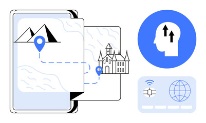 Digital navigation concept. Digital tools for navigation with a map, landmark, and location pin icons. Digital navigation enabling global travel and exploration. Ideal for tech, travel, GPS apps